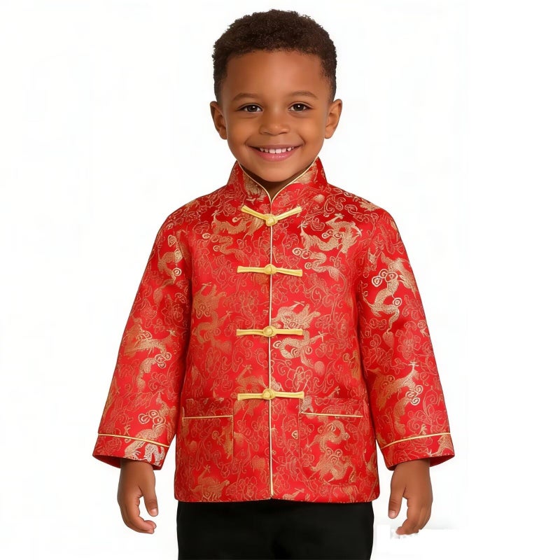 SZCQ Little Boys Dragon Tang Coat Long Sleeve Chinese Clothing Children Costumes Boy Jackets Outfit Tops (Red, 14) - Image 3